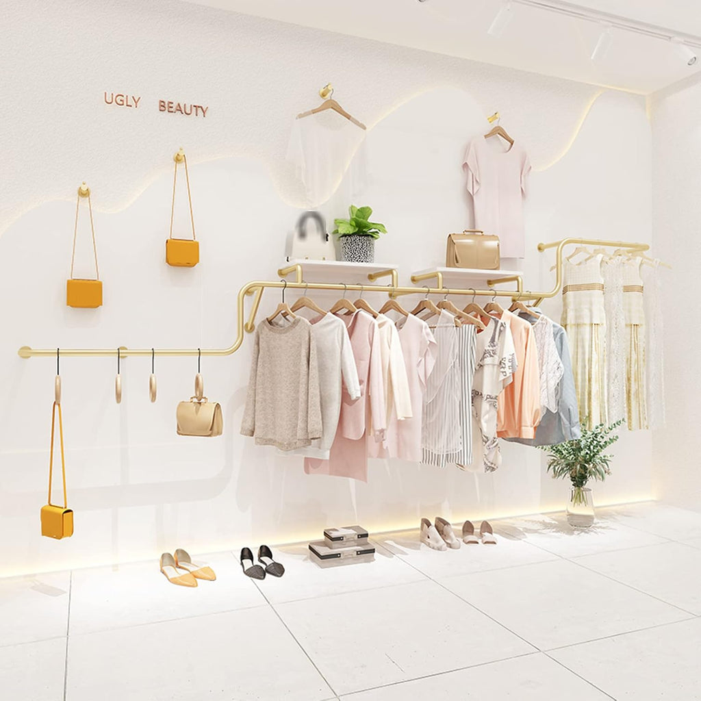 Boutique Retail Garment Rack,Modern Industrial Pipe Wall Mounted Garment Rack,Heavy Duty Multi-Purpose Hanging Bar with Shelves,Gold Closet Organizer System(L 300cm