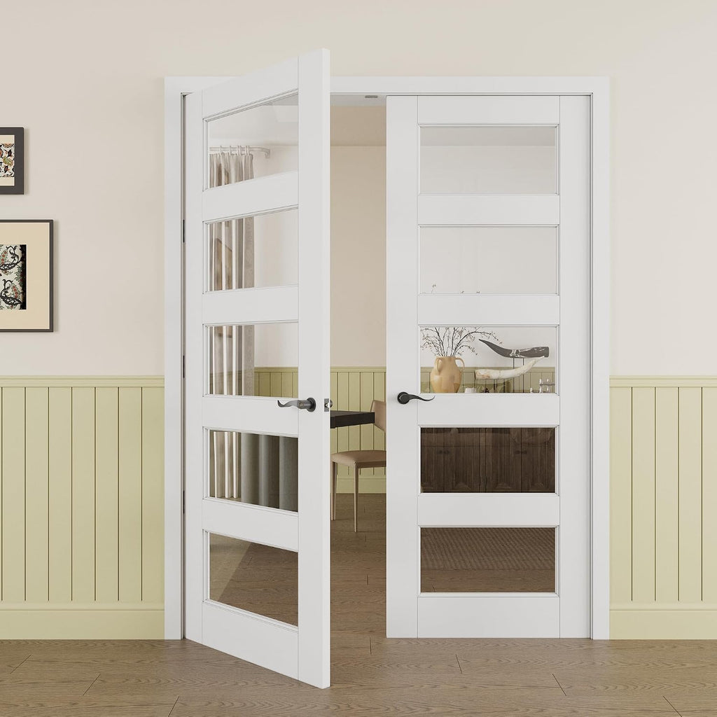 Prehung French Door 72' x 80' (2x36 in), 5-Lite Tempered Clear Glass Door Slabs with Jamb, Black Hinges, 4 Levers & Latch, Solid Core Interior Door, Pre-Finished & Paintable,Double Doors Interior