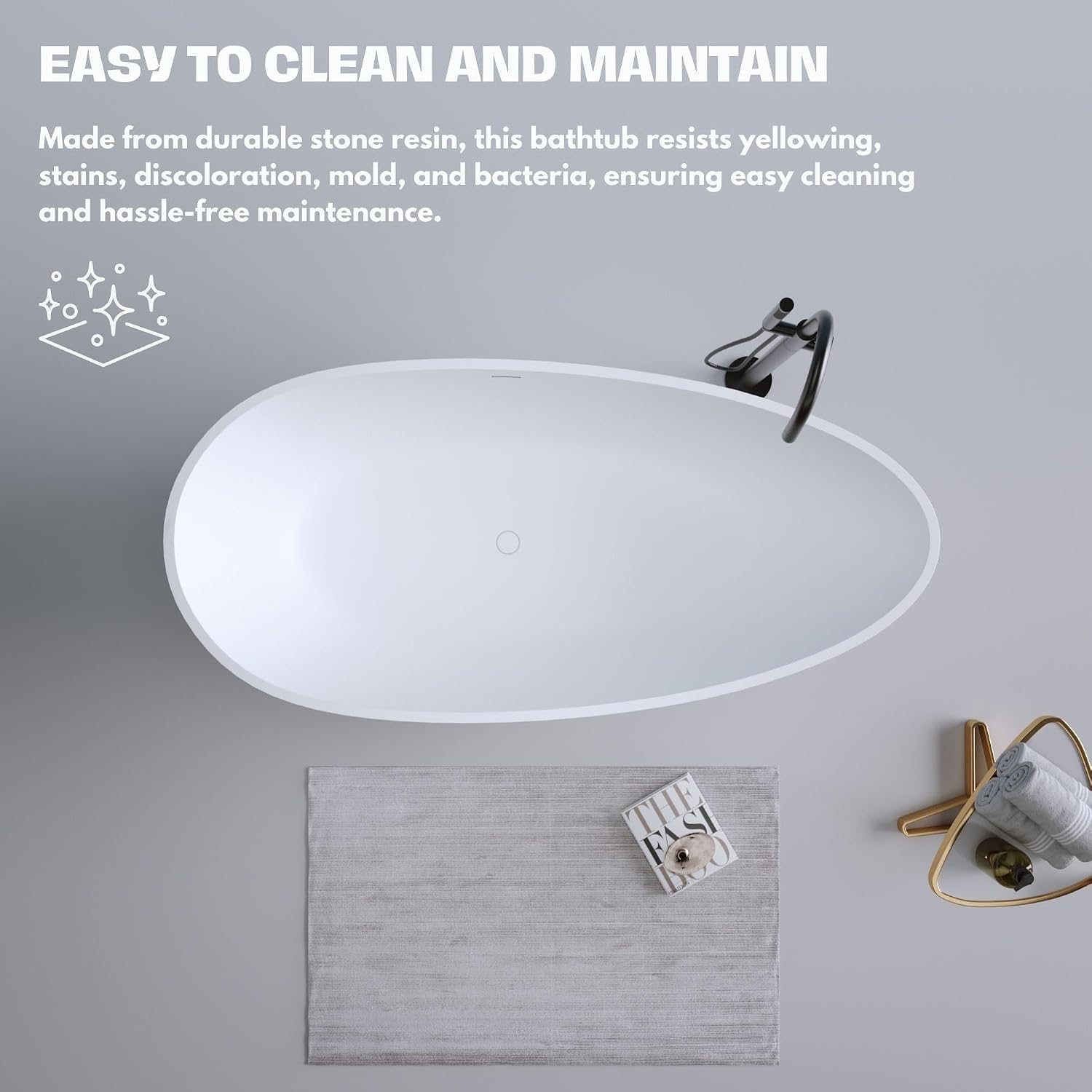 H2O Oval 59 in. x 30.7 in. Solid Surface Stone Resin Freestanding Bathtub, 14 in. Soaking Depth, Ergonomic Backrest, Matte White, Center Drain with Overflow, Durable, Easy to Clean
