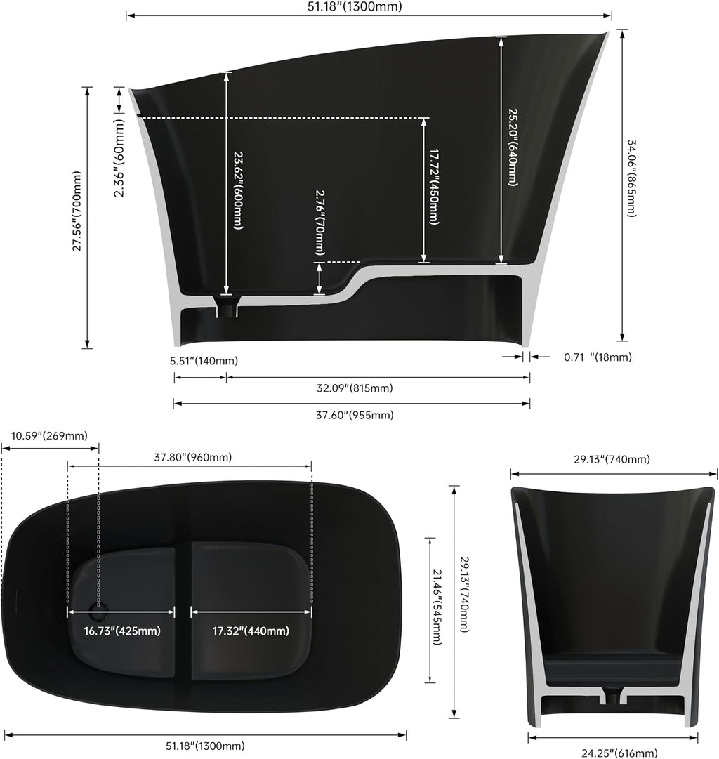 51' Upgraded Japanese Soaking Tub,Resin Stone Solid Surface Tubs Deep Soaking Freestanding Bathtub with Overflow and Pop-up Drain, Matte Black