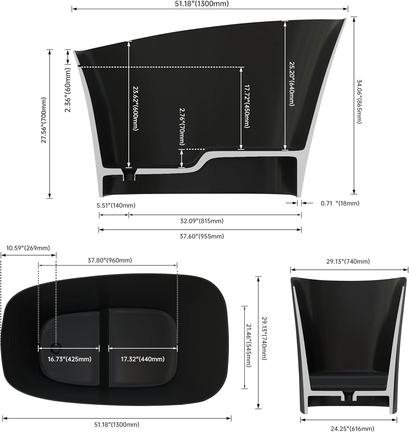 51' Upgraded Japanese Soaking Tub,Resin Stone Solid Surface Tubs Deep Soaking Freestanding Bathtub with Overflow and Pop-up Drain, Matte Black