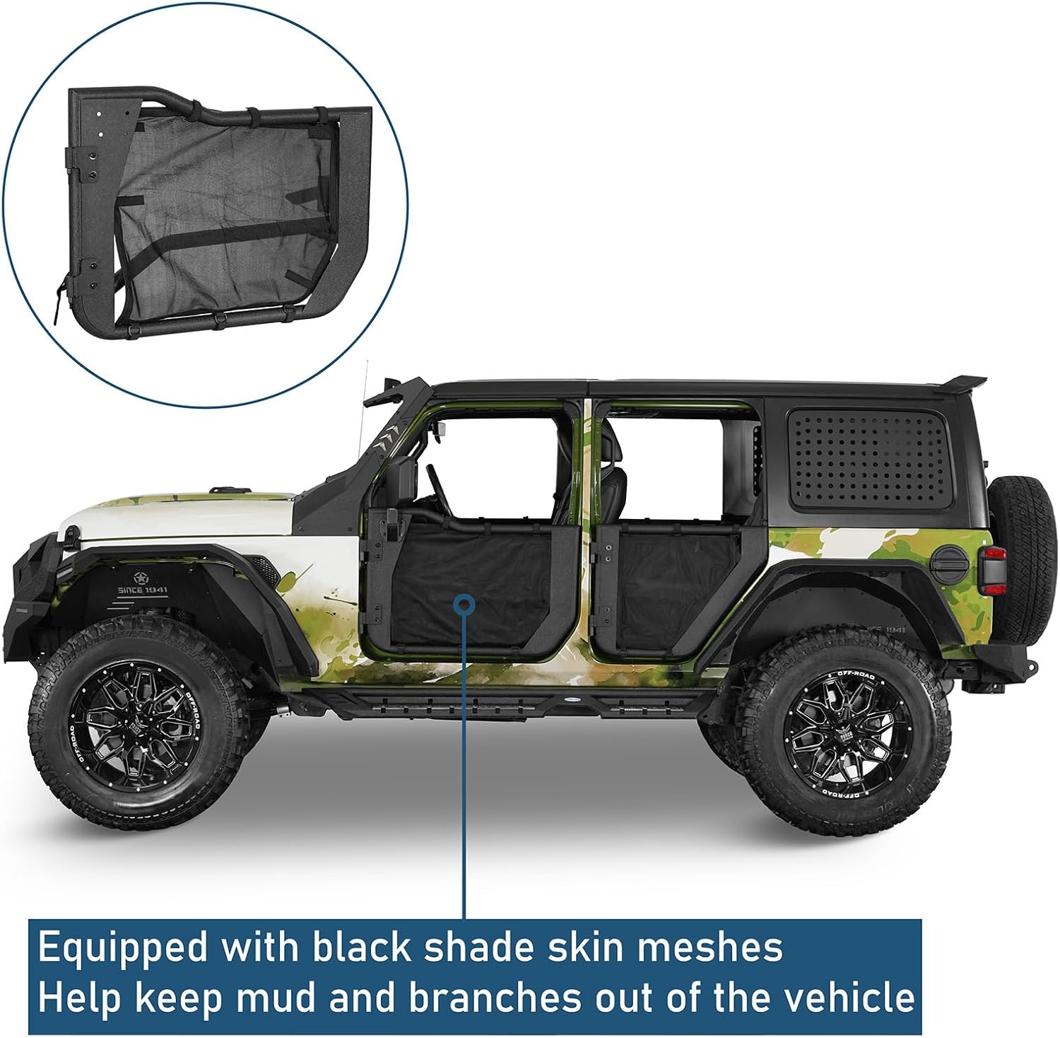 Hooke Road Tube Half Doors for 2018-2026 Jeep Wrangler JL 4-Door & Gladiator JT, with Privacy Mesh, Summer Open-Air Trail Doors, Reduced Dust & Added Cabin Privacy - 4PCS