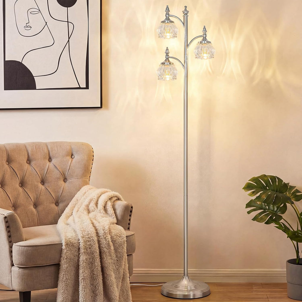 JUNNAI Brushed Nickel Floor Lamps for Living Room Silver Flower Standing Lamp with 3 Brightness Lights Glass Shades 66.5in Lamp for Bedroom Office(3LED Bulbs Included)
