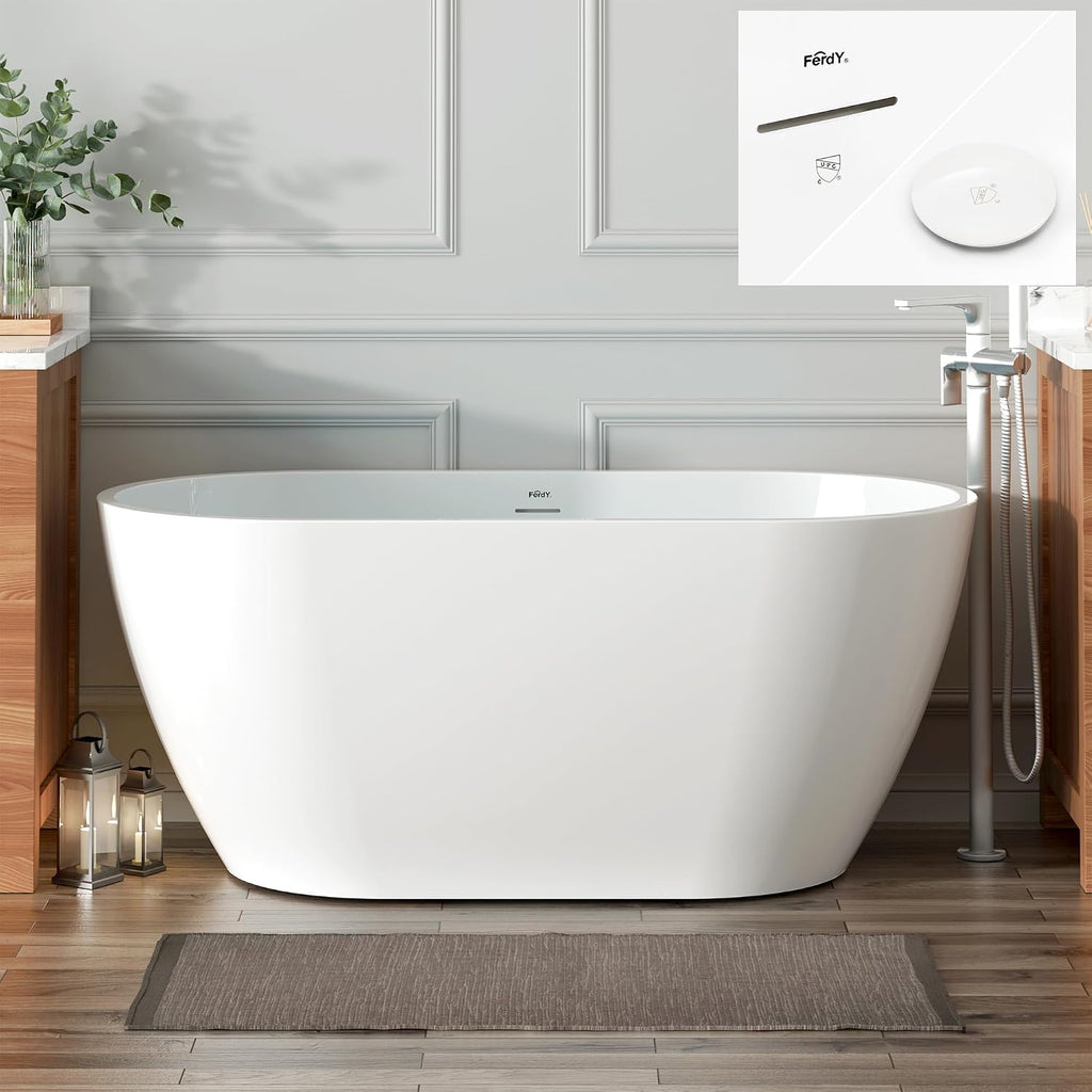 FerdY Bali 55' Freestanding Bathtub, Glossy White Freestanding soaking tub with Polished White Drain & Integrated Slotted Overflow, cUPC Certified