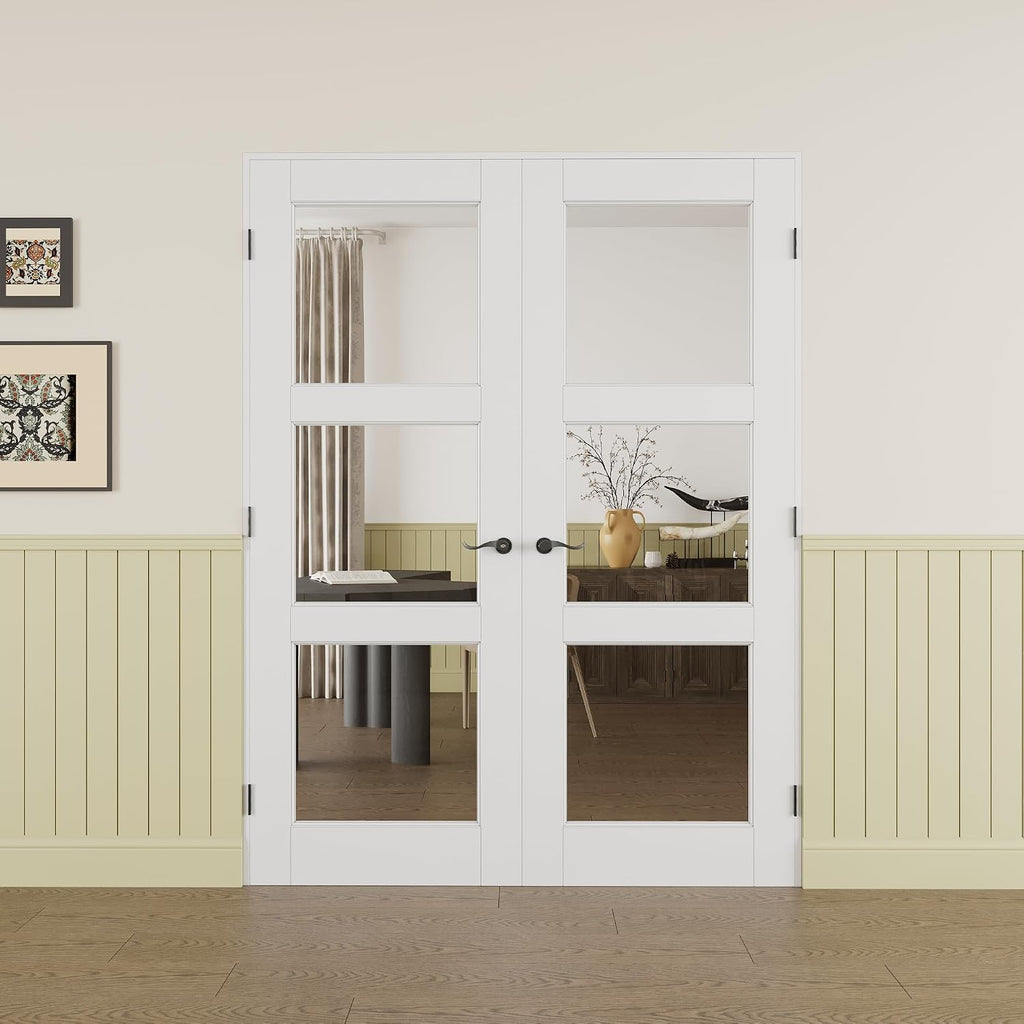 Prehung French Door 56' x 80' (2x28 in), 3-Lite Tempered Clear Glass Door Slabs with Jamb, Black Hinges, 4 Levers & Latch, Solid Core Interior Door, Pre-Finished & Paintable,Double Doors Interior