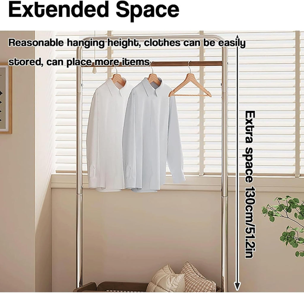 Metal Clothing Rack w/Wheels Heavy Duty Rolling Clothes Rack Modern Garment Rack w/Bamboo Rattan Storage Basket for Bedroom Boutiques
