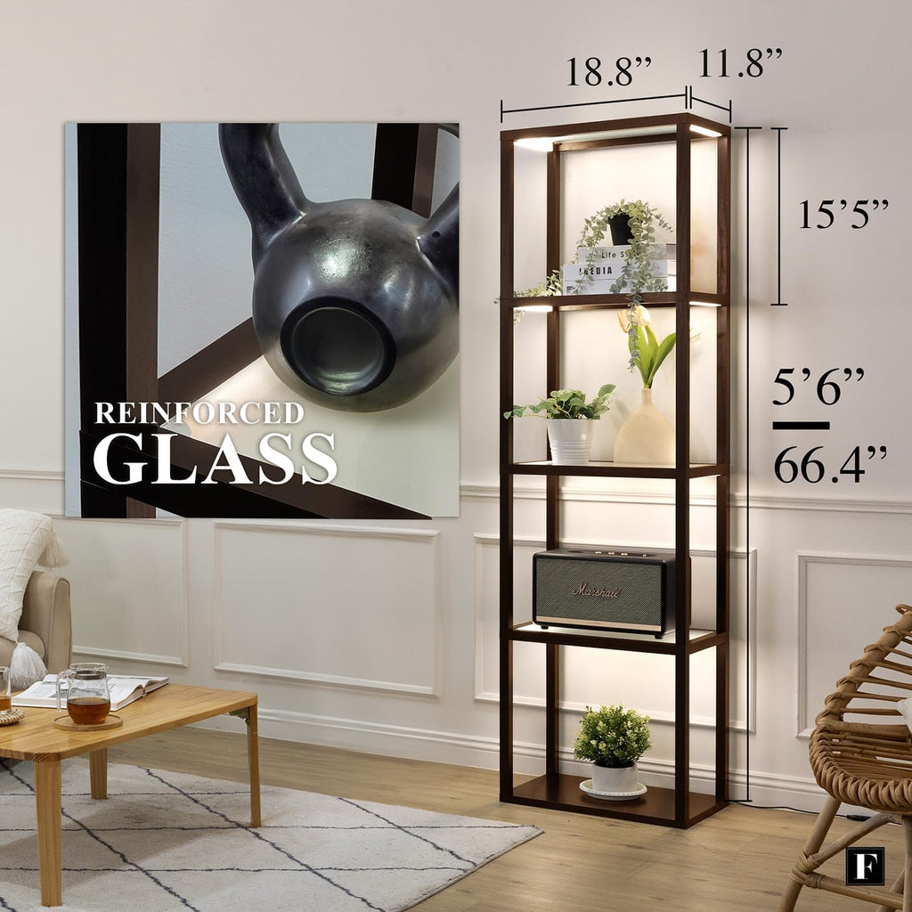 FENLO LED Display Shelf with Lights – Curio Cabinet for Collectibles with Dimmable Lighting, App & Remote Control – 66' Glass Shelf Floor Lamp with Adjustable Color Temps Fantasy Plus Pro