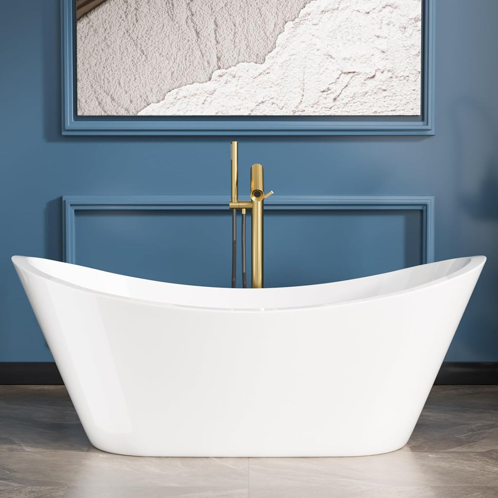 Sarlai 67 Inch Acrylic Freestanding Soaking Bathtub Contemporary Soaking White Tub Stand Alone Ergonomic Bathtub with Chrome Drain and Overflow