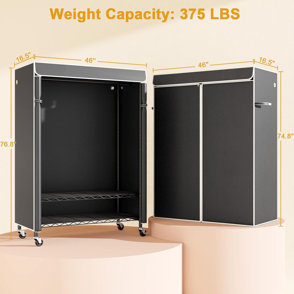 ULIFHOME P6C Plus & H5C Clothes Rack with Cover, Covered Clothing Rack Heavy Duty, Portable Closet for Hanging Clothes, Black Closet Rack with Black Cover, P6C Plus with Wheels, H5c without Wheels