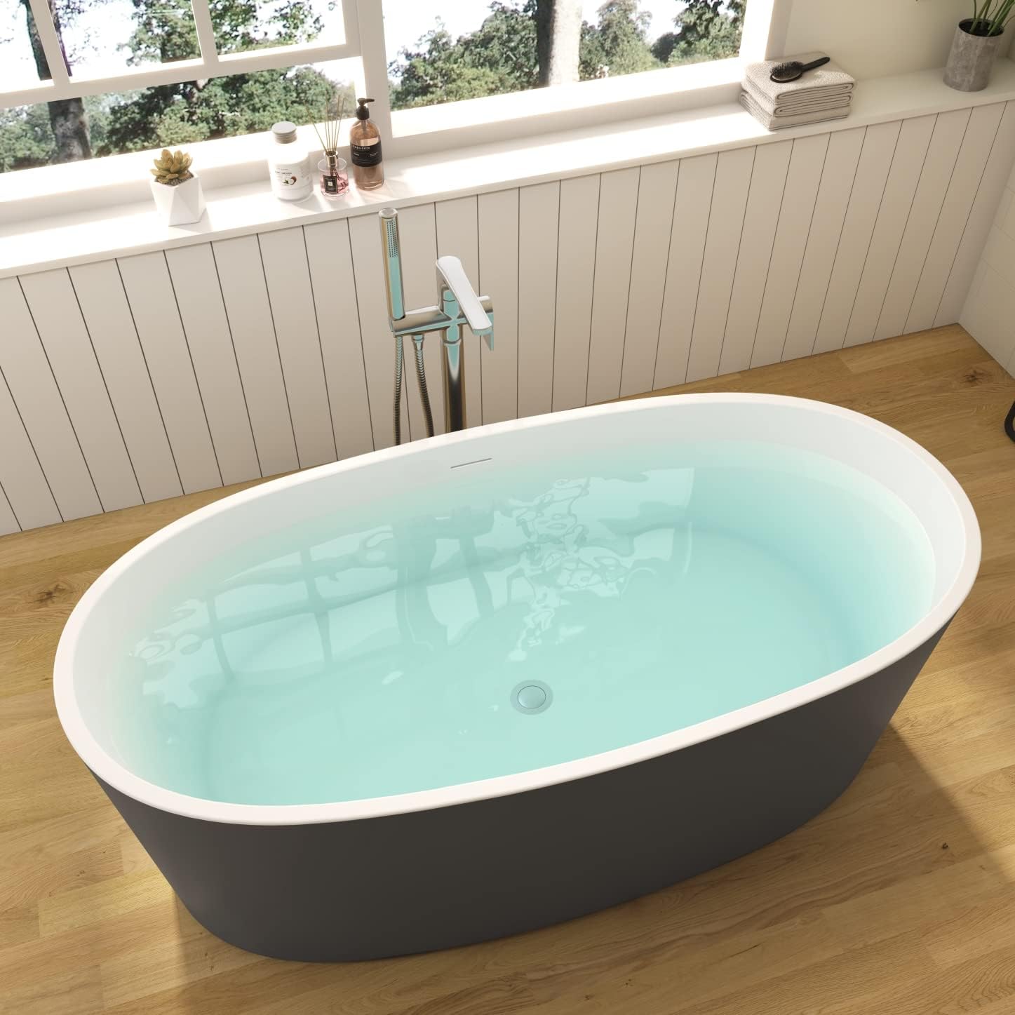 59' Lucite Acrylic Freestanding Bathtub, Columnar Shape Contemporary Soaking Tub with Toe-tap Chrome Center Drain, Slotted Overflow, cUPC Certified, 37°Grey