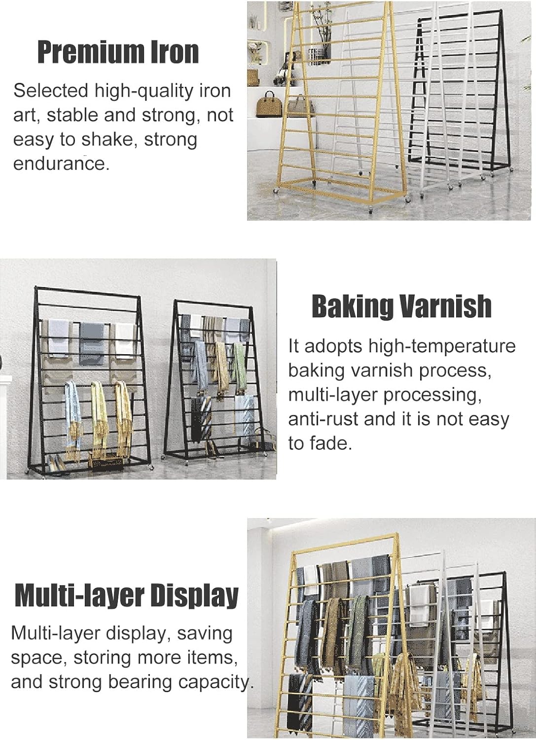 Rolling Scarf Rack Display Stand on Wheels, Floor Standing Metal Scarf Multi-Purpose Holder Organizer for Shawl/Belts/Ties/Pants/Cloths, Large Capacity (Gold)