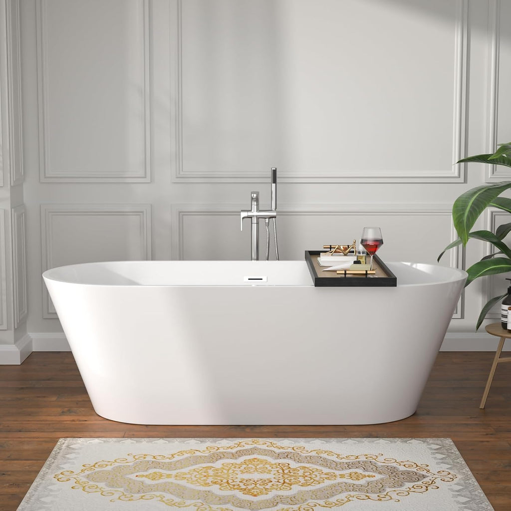 67 Inch Freestanding Acrylic Soaking Tub White Roll Top Bathtub with Chrome Drain Spa-Like Glossy Finish, YSB9223