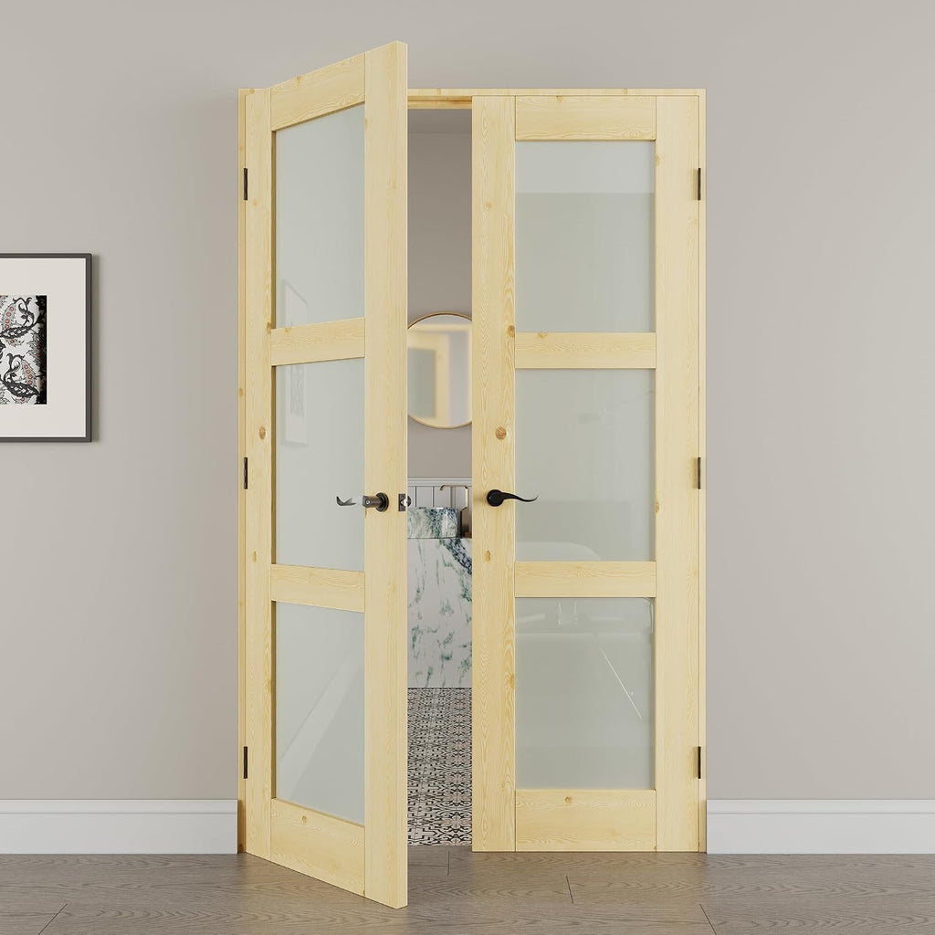 56' x 80' French Doors Interior (Double 28' x 80' 3-Lite Frosted Glass Pine Wood Door with Black Hinge Prehung Jamb Kit), Unifinished Natural Wood, Prebuilt Home Door Panels & Assembly Required Jamb