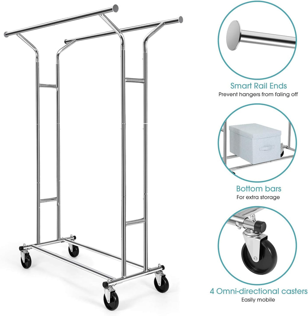 Auledio Clothes Garment Rack, Commercial Grade Clothes Rolling Heavy Duty Storage Organizer on Wheels with Adjustable Clothing Rack, Holds up to 250 lbs, Chrome (Two Heads)