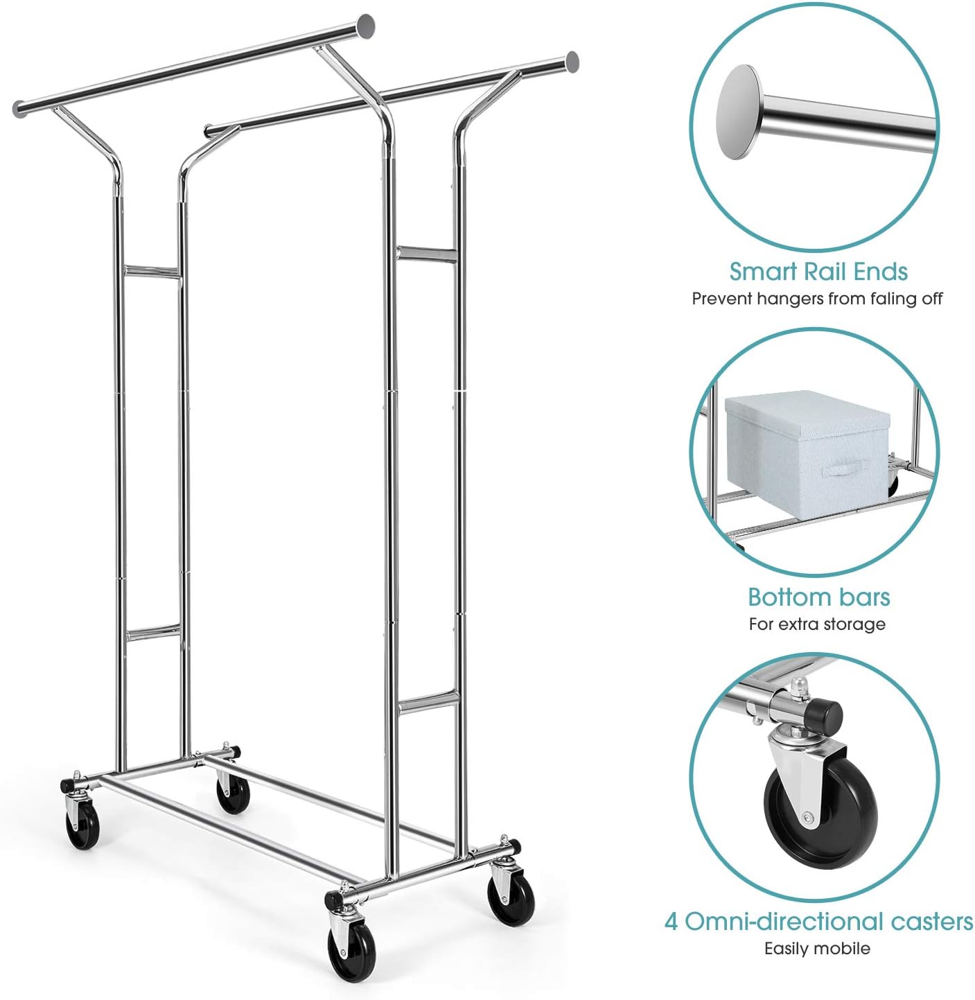 Auledio Clothes Garment Rack, Commercial Grade Clothes Rolling Heavy Duty Storage Organizer on Wheels with Adjustable Clothing Rack, Holds up to 250 lbs, Chrome (Two Heads)