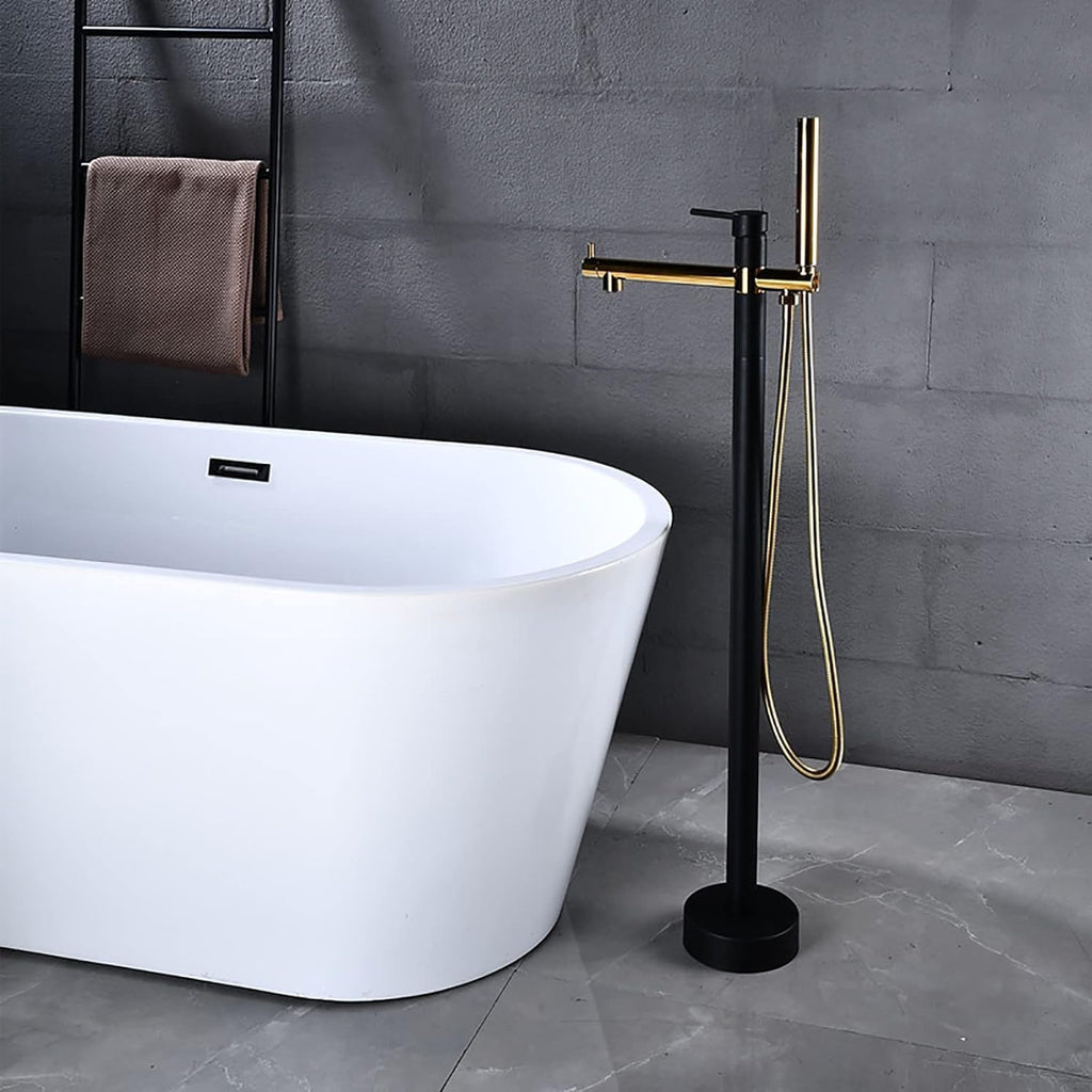 Freestanding Bathtub Faucet with Handheld Shower - Floor Mounted Tub Tap, 59-Inch Shower Hose, Stylish White Gold Finish