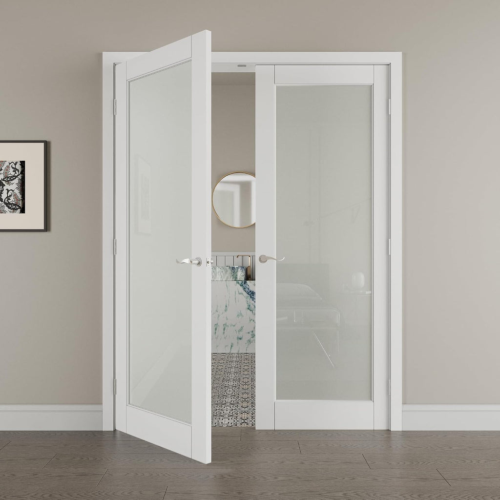64' x 80' French Doors Interior (Double 32' x 80' Glass Frosted Glass Door with Silver Hinge Prehung Jamb Kit), Pre-Finished & Paintable, Prebuilt Home Door Panels & Assembly Required Jamb