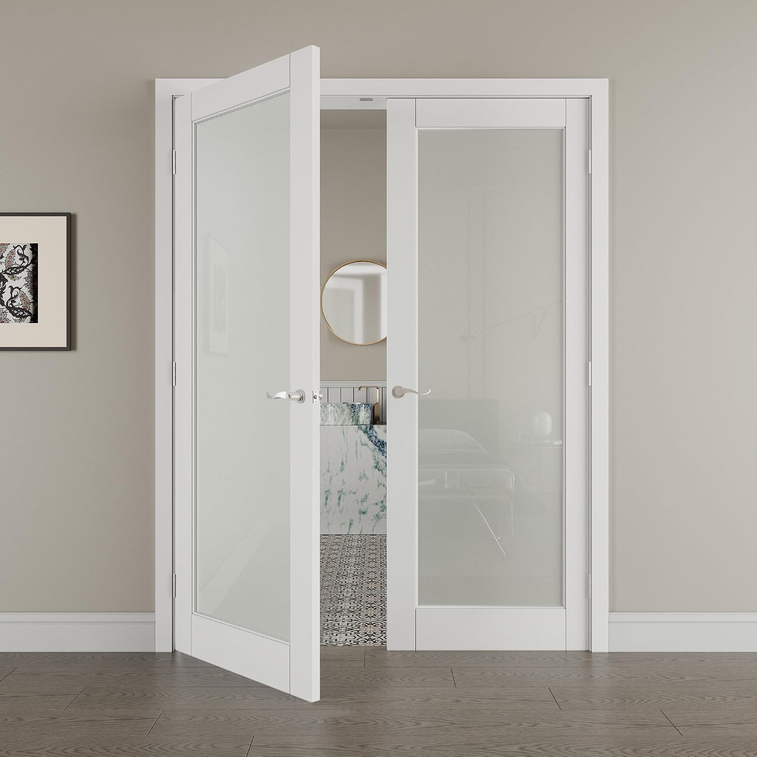 64' x 80' French Doors Interior (Double 32' x 80' Glass Frosted Glass Door with Silver Hinge Prehung Jamb Kit), Pre-Finished & Paintable, Prebuilt Home Door Panels & Assembly Required Jamb
