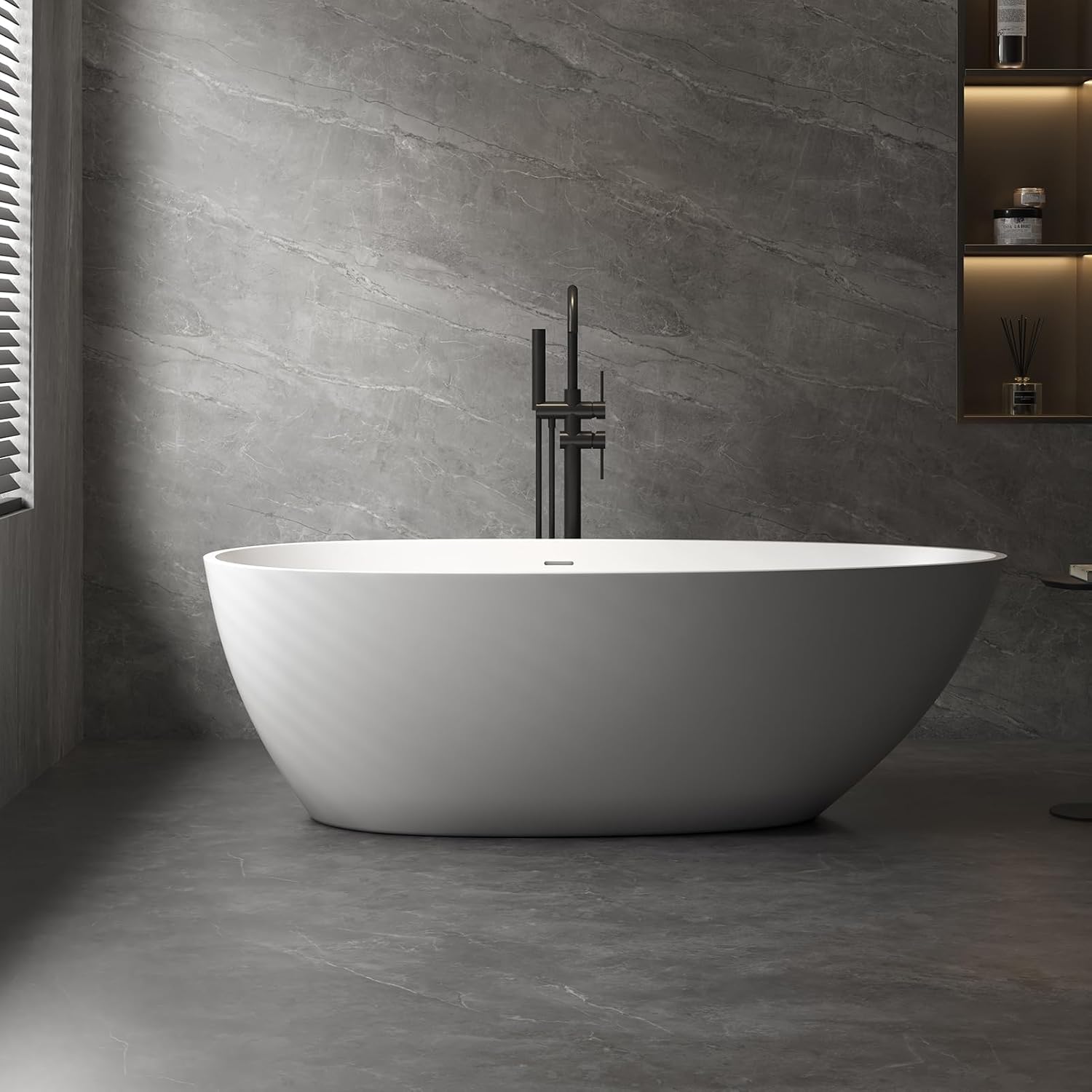 59' Bathtub Acrylic Solid Surface Soaking Tub Freestanding Resin Stone Matte White Stand Alone Tub with Overflow and Pop-Up Drain for Indoor Bathing