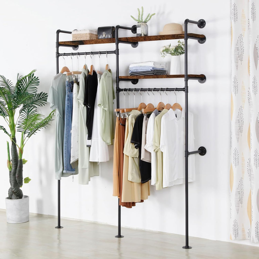 Industrial Pipe Clothing Rack - Black Wall Mounted Clothes Rack with 2 Hanging Rods & 2 Wooden Shelves, Closet Organizers and Storage for Retail Store, Bedroom (79.5 x 59in)
