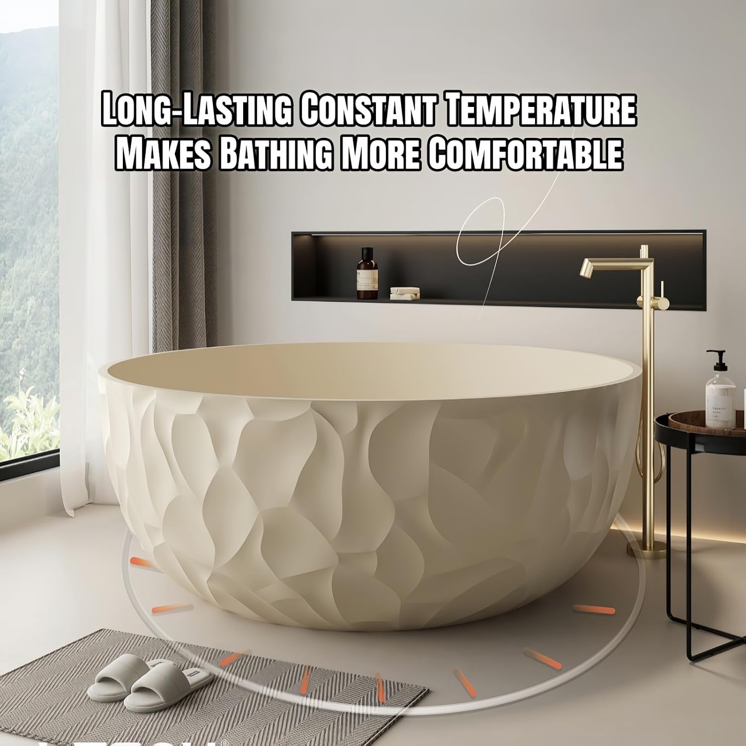 67' Edeyeu Freestanding Bathtub – Modern Solid Surface Bathtub With Ripple Design, Extra Deep Soaking Tub, Ergonomic Stand Alone Tub For Luxury Bathroom Spaces B