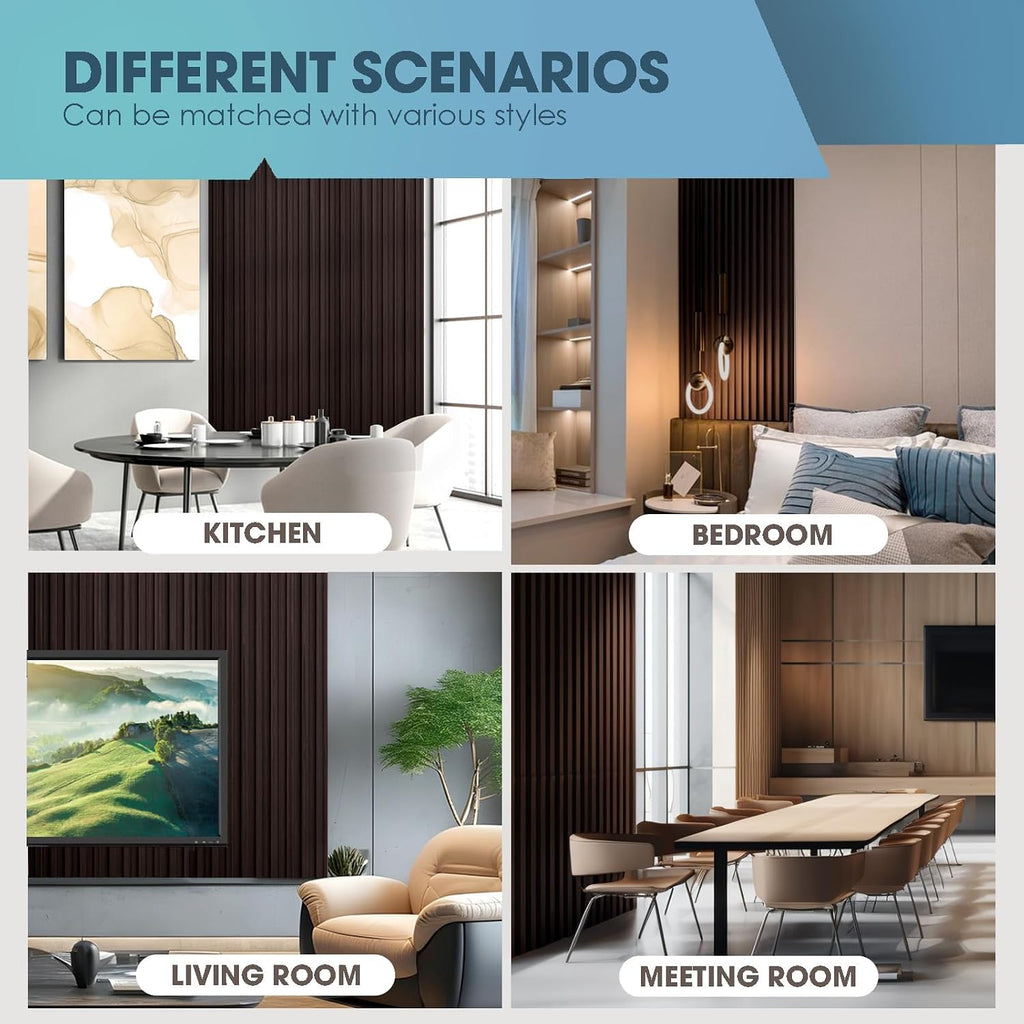 OUZUGIE WPC Acoustic Slat Wall Paneling, 8-Pack 114 x 6 Inches 3D Wall Panels for Interior Wall Decor,Living Room,TV Background,Study Room,Office Spaces,Bedroom,High Grille (Walnut)