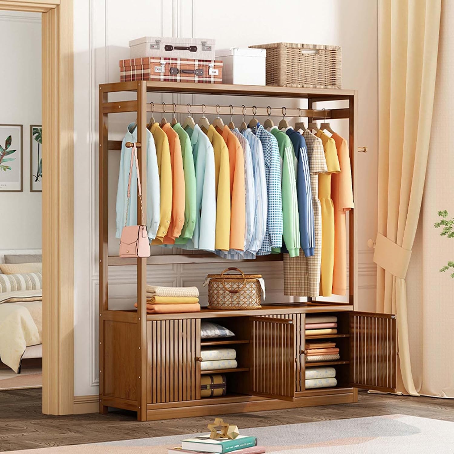YSUEFIJO Clothes Rack for Hanging Clothes, Heavy Duty Rolling Garment Rack, Freestanding Wardrobe Closet Clothing Rack, Portable Clothes Organizer, for Bedroom, Living Room