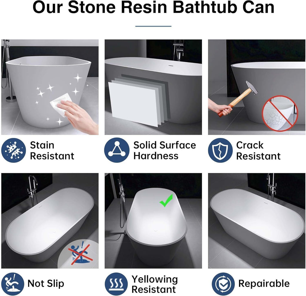 67' Freestanding Solid Surface Bathtub,Stone Resin Bathtub with Drain, Luxurious Soaking Tub for Bathrooms, Freestanding Bathtub for Comfort,Matt White