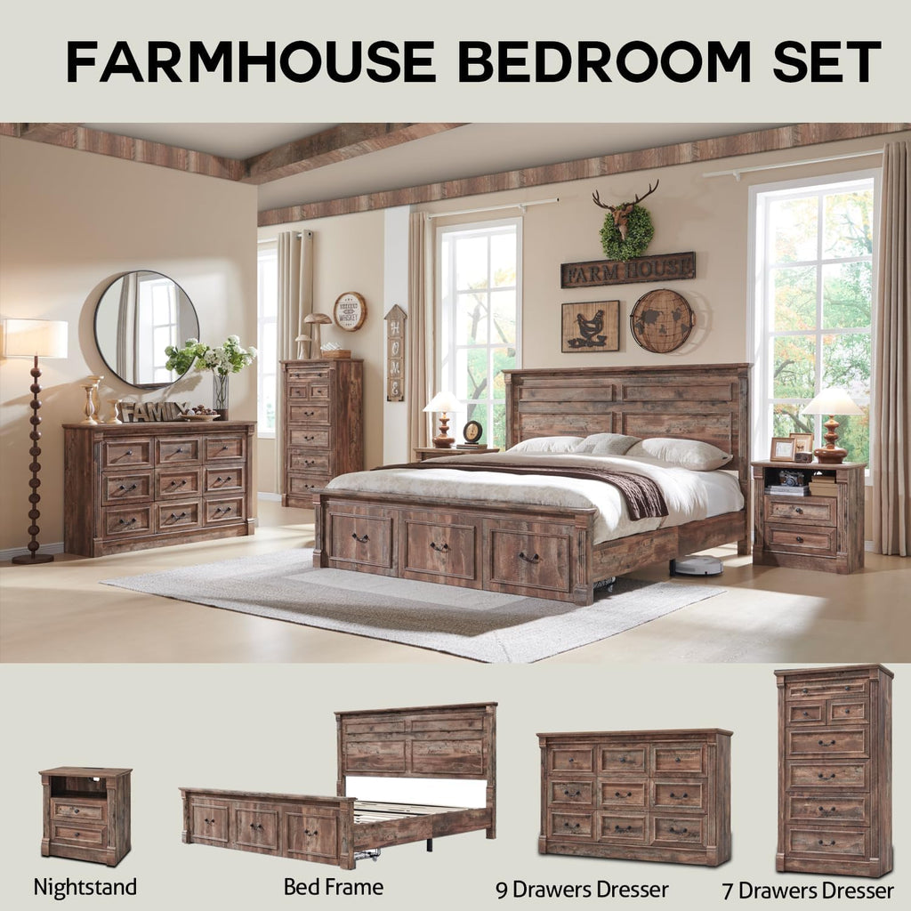Aitjunz 26' Tall Nightstand with Charging Station, Farmhouse 23.6' Wide Large End Table w/Roman Column, Wood Rustic Side Table w/Open Shelf, 2 Drawers Dresser for Bedroom, Living Room, Light Brown