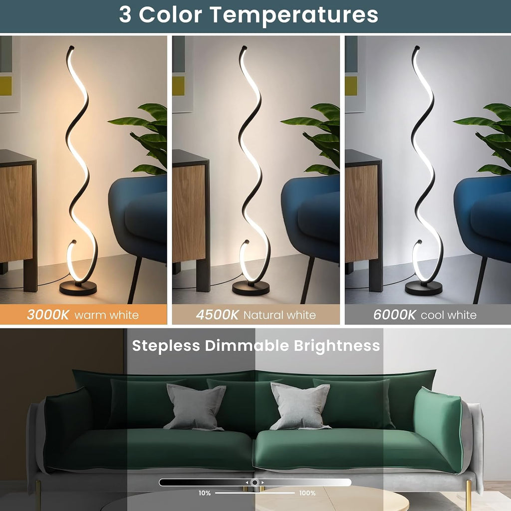 EIDISUNY Modern Floor Lamp for Living Room, 3 Color Temperature LED Spiral Floor Lamps with Remote&Foot Switch, 48W Dimmable LED Standing Lamp for Bedroom, Office(Black)