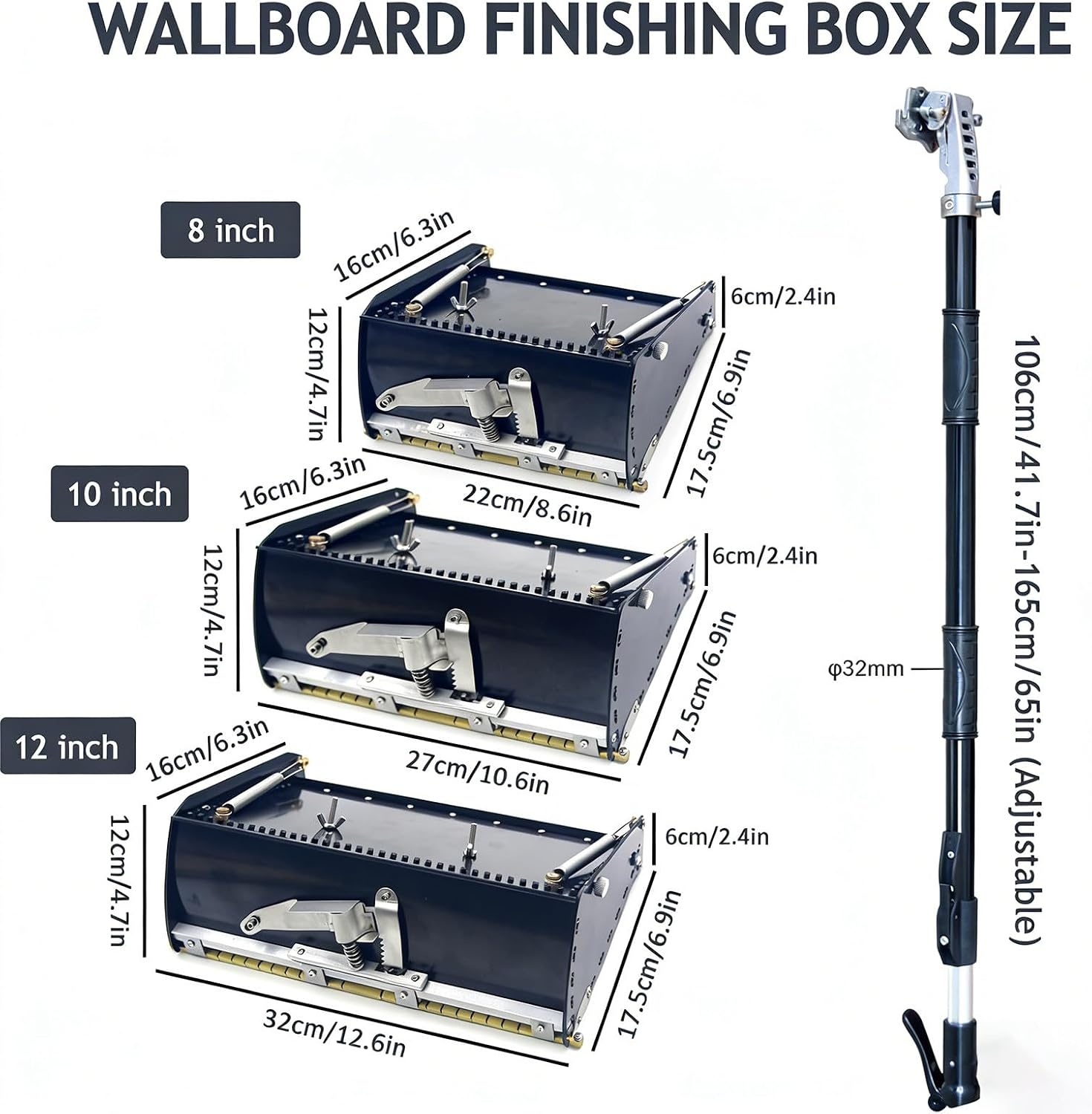 Professional Drywall Finishing Kit - 8/10/12 Inch Tools with Large Capacity Putty Cans & Adjustable Handle (106-165 cm) - Perfect for Home Renovation & Repair