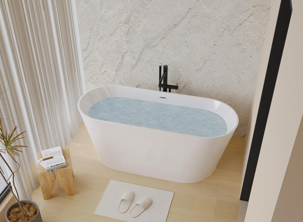 59' Acrylic Freestanding Bathtub, Standalone Soaking Tub with Glossy White Finish, Toe-Tap Chrome Drain, cUPC Certified - Ergonomic Design, Gloss White