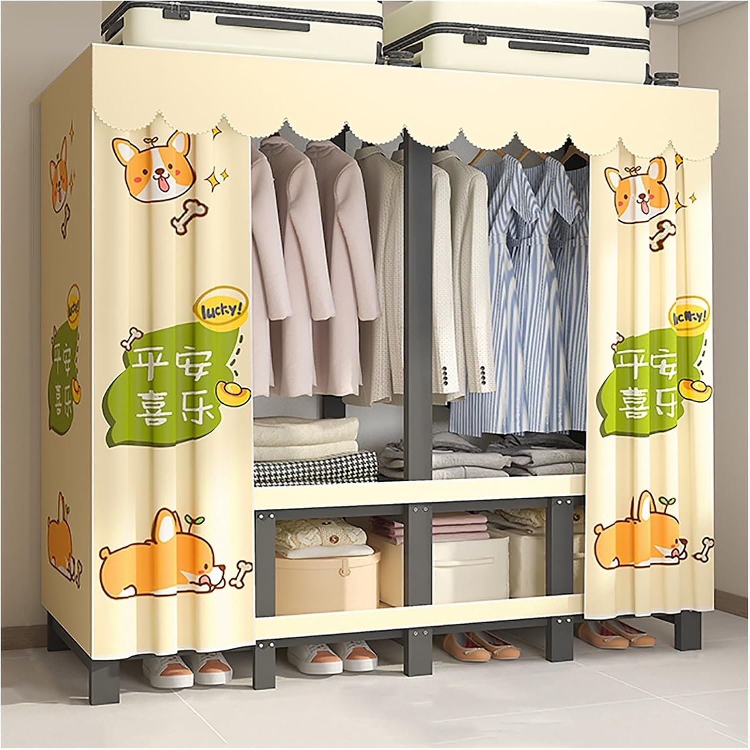 Foldable Wardrobe Closet With Cover, Metal Clothing Rack For Hanging Clothes, Portable Coat Storage Garment Rack, One-Piece Folding Base, For Bedroom, Dorm(Yellow2,130cm/51.2inch)