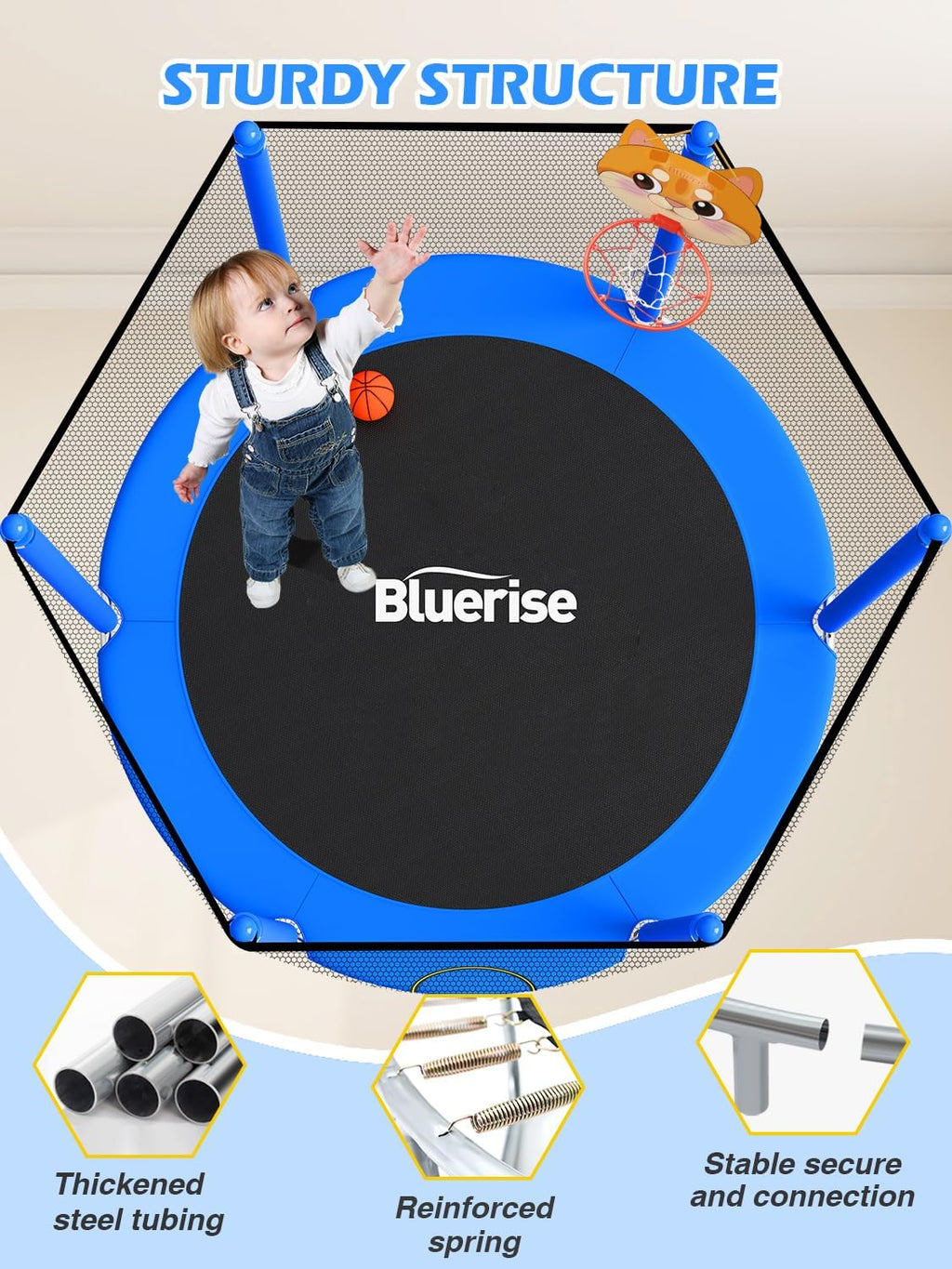 BLUERISE 60' Trampoline for Kids 5FT Toddler Trampolines Indoor/Outdoor with Adjustable Gymnastics Bar & Safety Net, No-Gap Design, Anti-Rollover Bottom, Basketball Hoop, Gifts for Boys & Girls