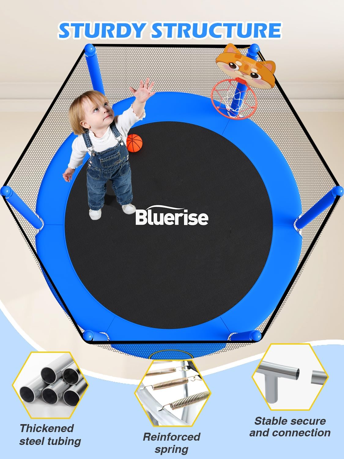 BLUERISE 60' Trampoline for Kids 5FT Toddler Trampolines Indoor/Outdoor with Adjustable Gymnastics Bar & Safety Net, No-Gap Design, Anti-Rollover Bottom, Basketball Hoop, Gifts for Boys & Girls