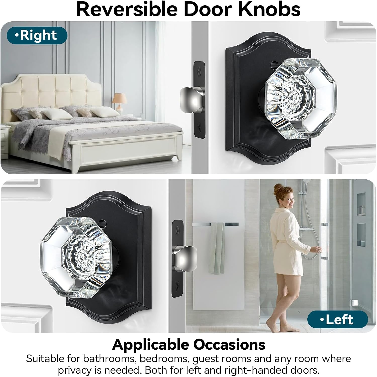 5 Pack Glass Door Knobs, Matte Black Crystal Door Knobs Interior with Lock for Privacy Use, Antique Glass Bedroom Bathroom Doorknobs, Vintage Crystal Door Knob Set