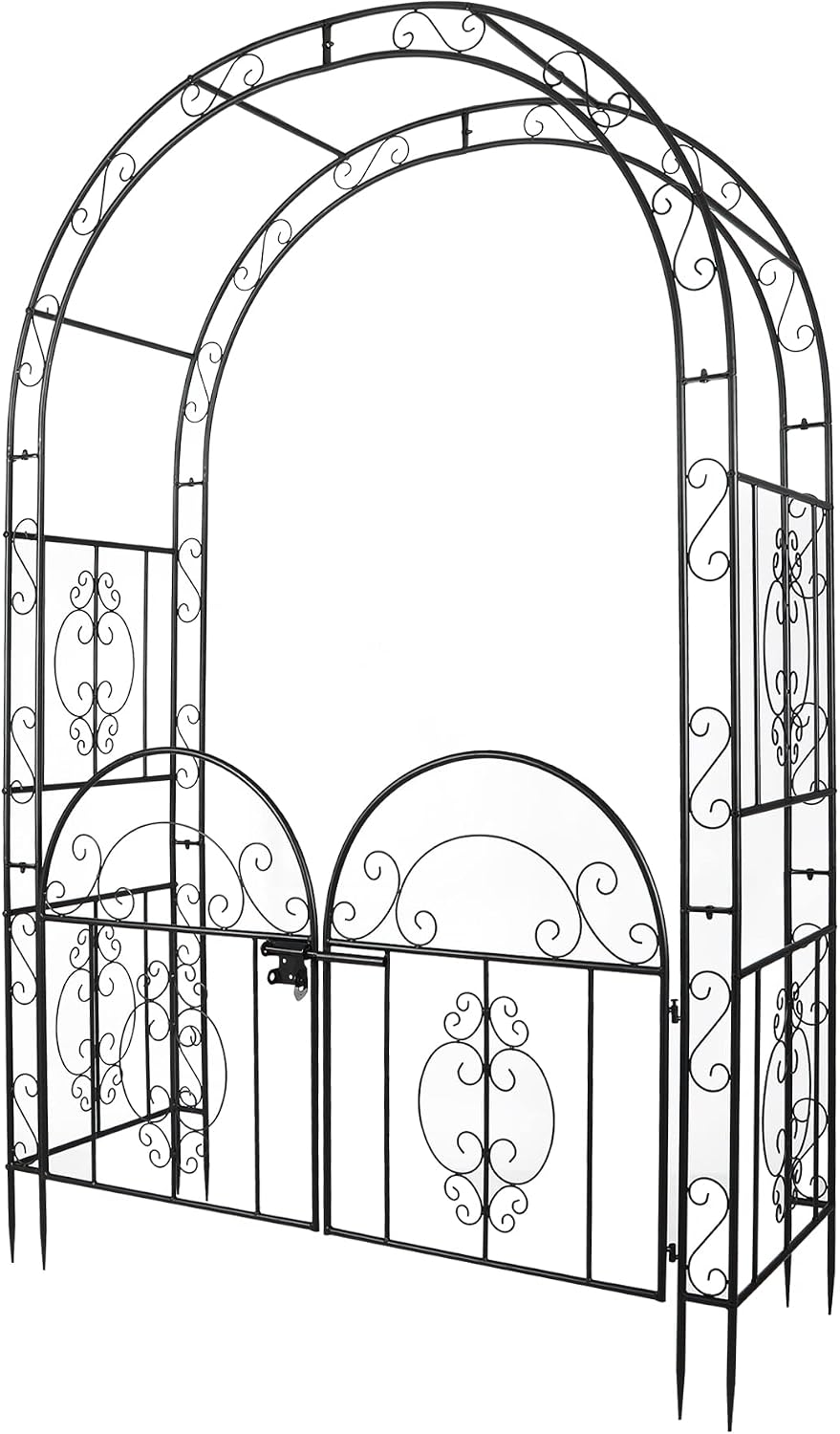 84in High Metal Garden Arbor with Gate, Heavy Duty Wide Garden Arch, Metal Arch Trellis with Gate for Climbing Plant, Wedding, Outdoor Patio Decor, Black(84'x52.4'x19')