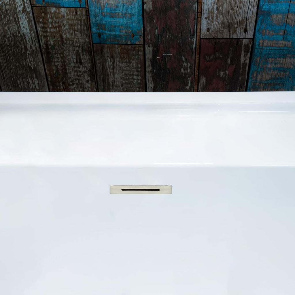 WOODBRIDGE 59' Acrylic Freestanding Bathtub Contemporary Soaking White Tub with Brushed Nickel Overflow and Drain,B0064-B/N