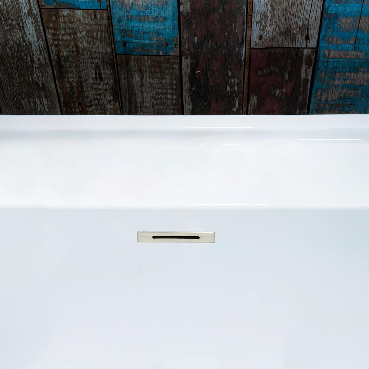 WOODBRIDGE 59' Acrylic Freestanding Bathtub Contemporary Soaking White Tub with Brushed Nickel Overflow and Drain,B0064-B/N