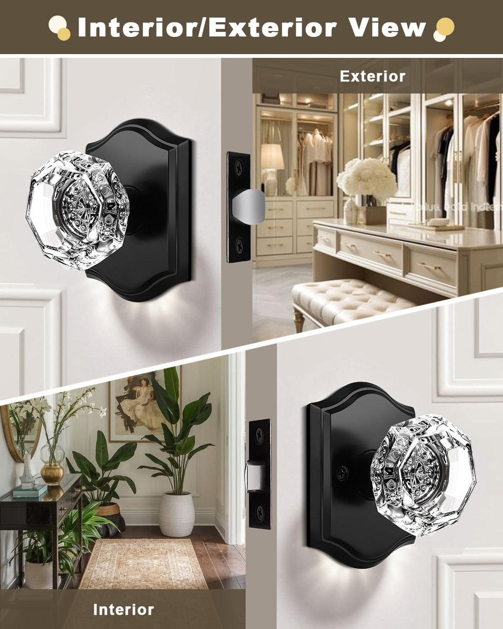 Gobrico 6 Pack Clear Diamond Passage Door Knobs,Matte Black Non-Locking Interior Door Handles,Octagonal Crystal Hall/Closet Door Knob,Arched Rosette
