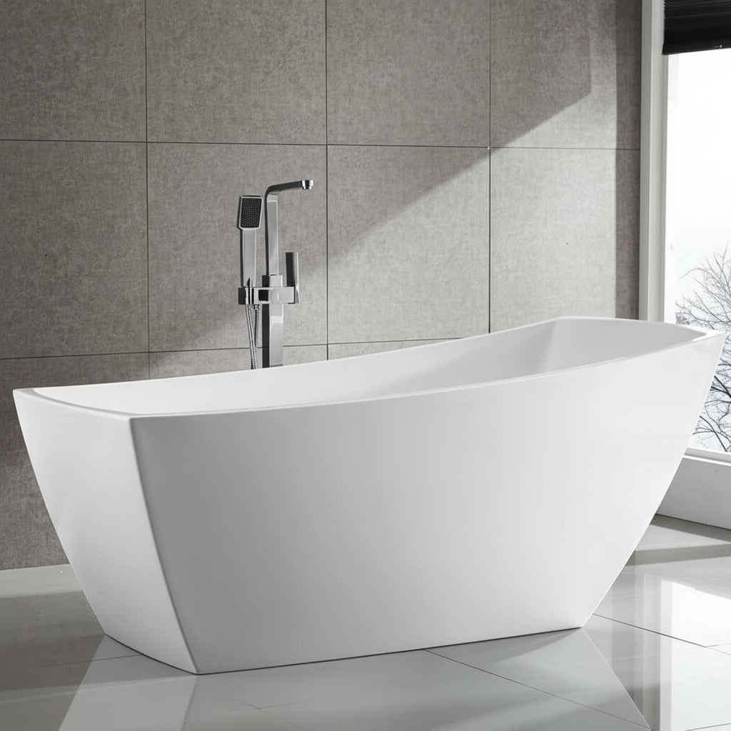 Albi 67' Freestanding Acrylic Bathtub with Chrome Drain, Glossy White Seamless Soaking Tub, Fiberglass Reinforced with Leveling Legs, 56 Gal Capacity