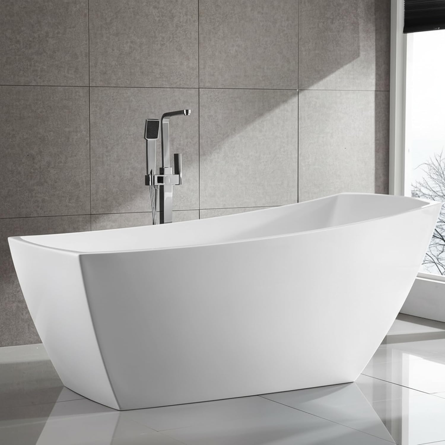 Albi 67' Freestanding Acrylic Bathtub with Chrome Drain, Glossy White Seamless Soaking Tub, Fiberglass Reinforced with Leveling Legs, 56 Gal Capacity