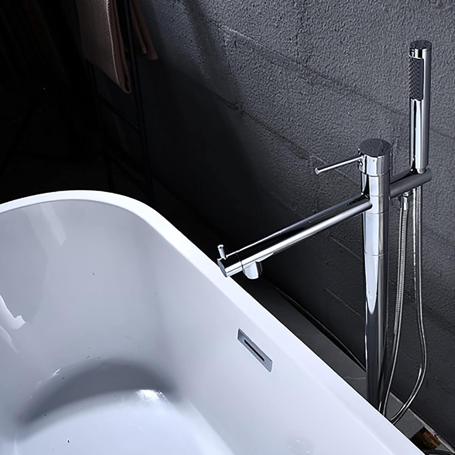 Freestanding Bathtub Faucet with Handheld Shower - Floor Mounted Tub Tap, 59-Inch Shower Hose, Stylish White Gold Finish