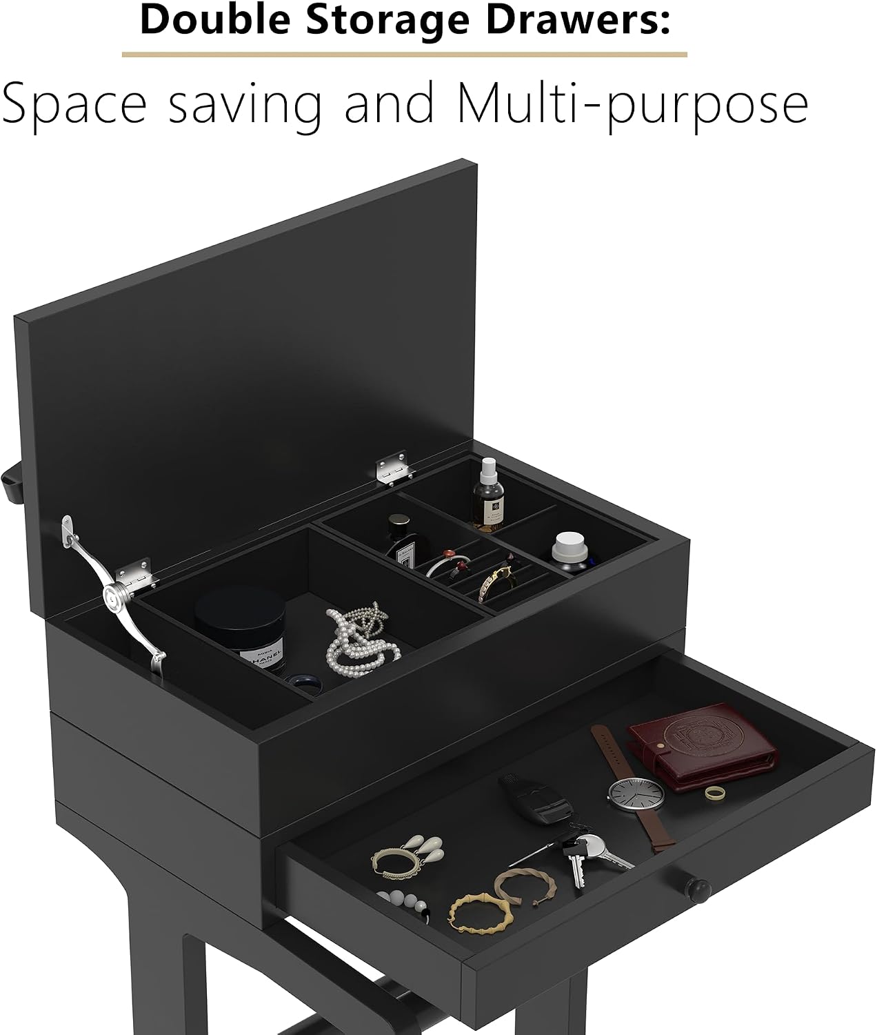 Brefhome Luxury Mens Valet Stand with Storage Drawer & Jewelry Tray, Executive Wooden Clothes Rack for Men Women, Garment Organizer for Suit, Tie, Pant, Watch & Phone, Black (Box + Drawer)