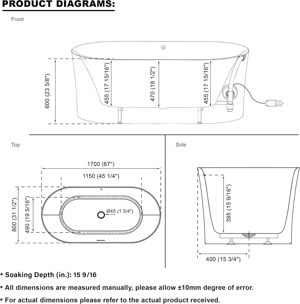 WELLFOR 67' Freestanding Acrylic Bathtubs, Air Bubble Freestanding Soaking Tub, 87 Gallons, Massage bathtub with Romantic LED Lighting/Chrome Bathtub Drain and Groove Overflow, Glossy Whtie