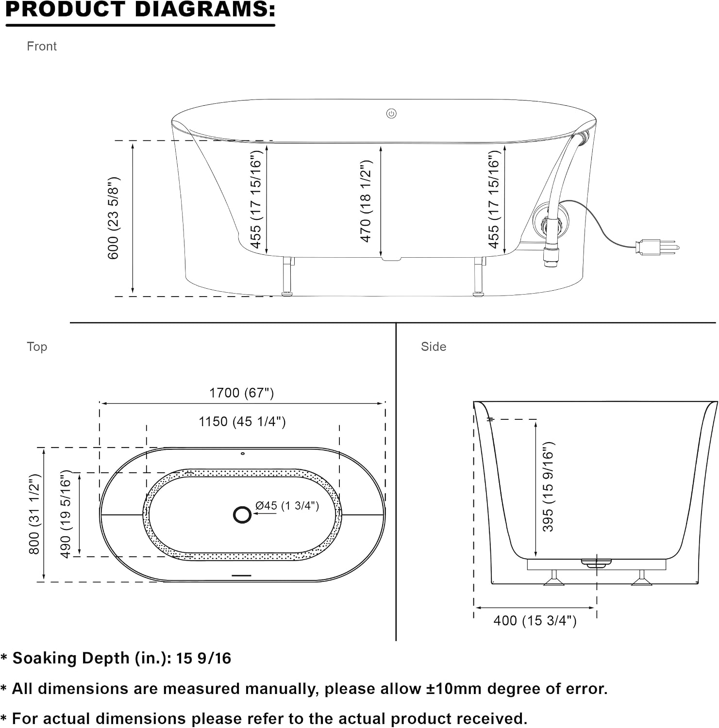 WELLFOR 67' Freestanding Acrylic Bathtubs, Air Bubble Freestanding Soaking Tub, 87 Gallons, Massage bathtub with Romantic LED Lighting/Chrome Bathtub Drain and Groove Overflow, Glossy Whtie