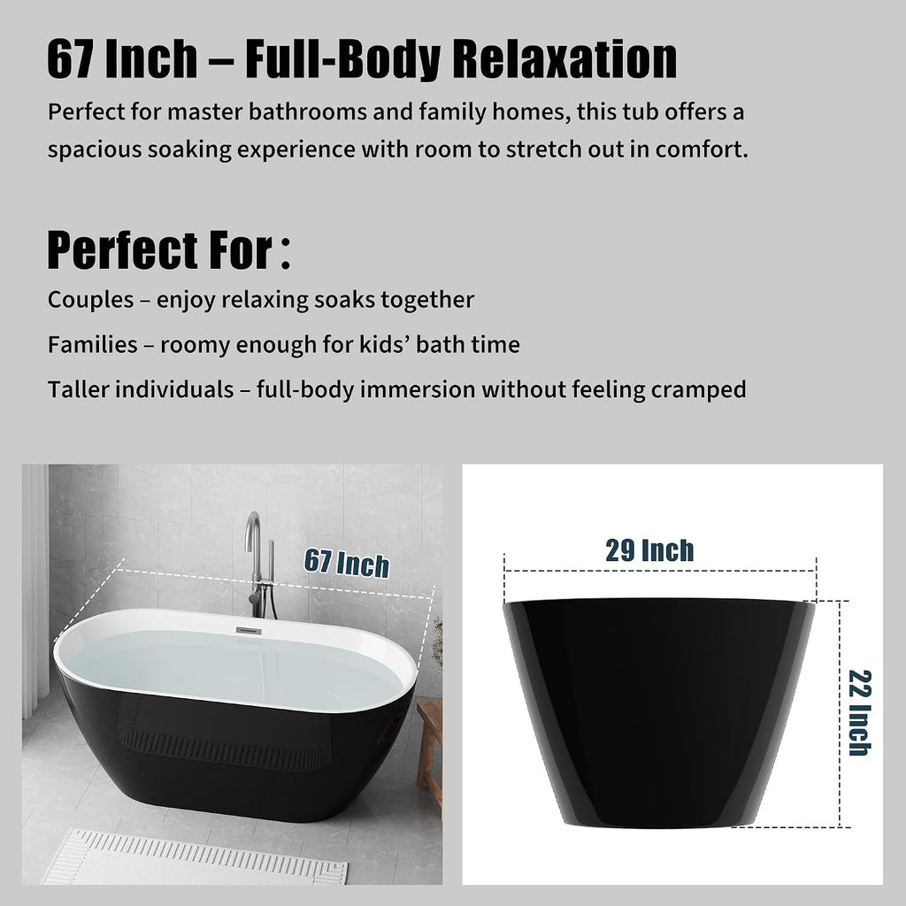 67 Inch Freestanding Bathtub Acrylic Black Soaking Tub with Integrated Overflow, Deep Soaking Free Standing Tub, Modern Stand Alone Tub for New Builds & Bathroom Remodels