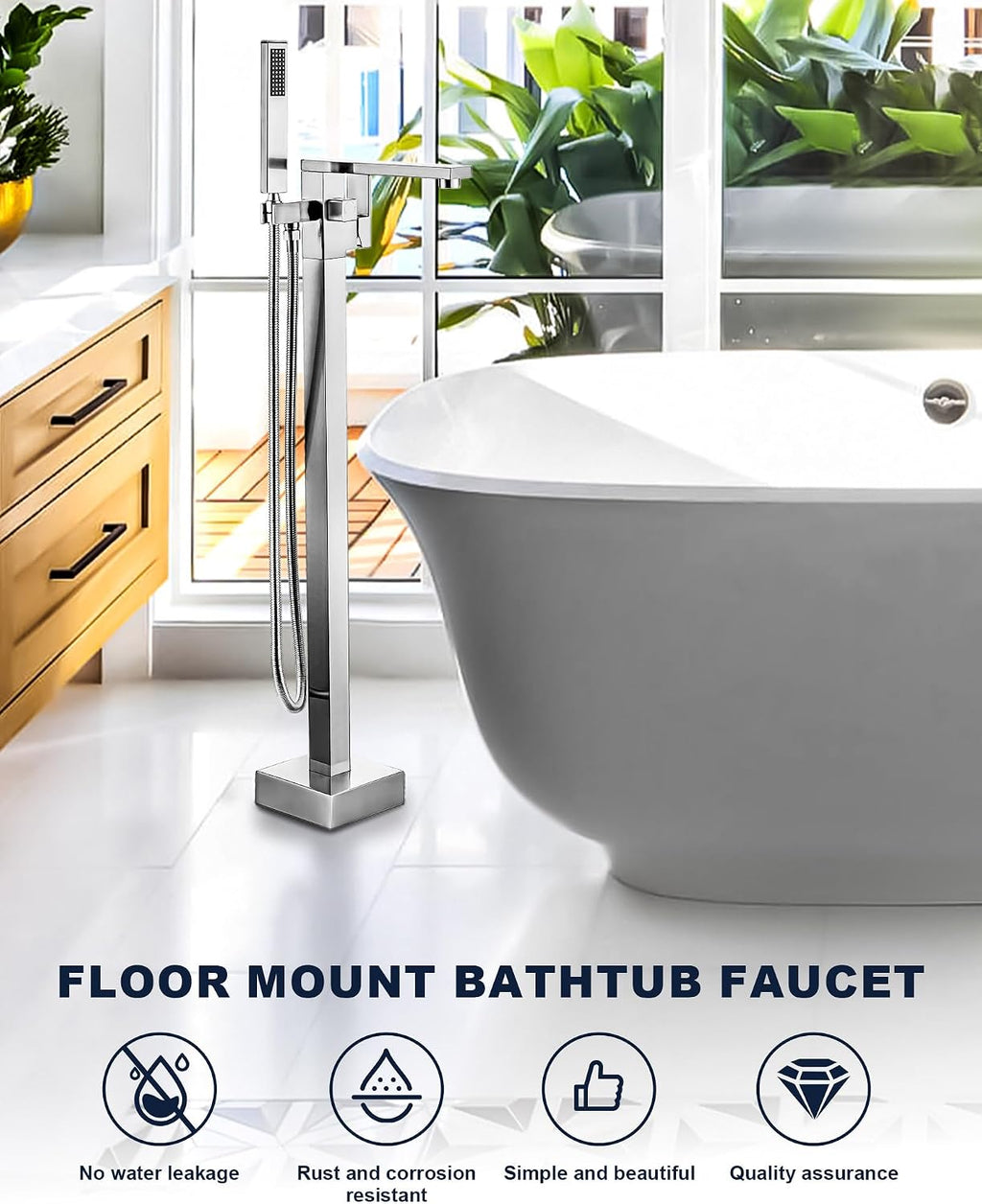 Freestanding Bathtub Faucet, High Flow Brass Bathroom Faucet Single Handle Floor Mount Tub Filler