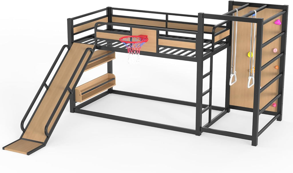 Bellemave Metal Twin Over Twin Bunk Bed Frame with Slide,Twin Size Floor Bunk Bed and Basketball Hoop,Pull-up Rings and Climbing Wall,Heavy Duty Bunk Beds with Bookshelves for Kids Girls Boys,Natural