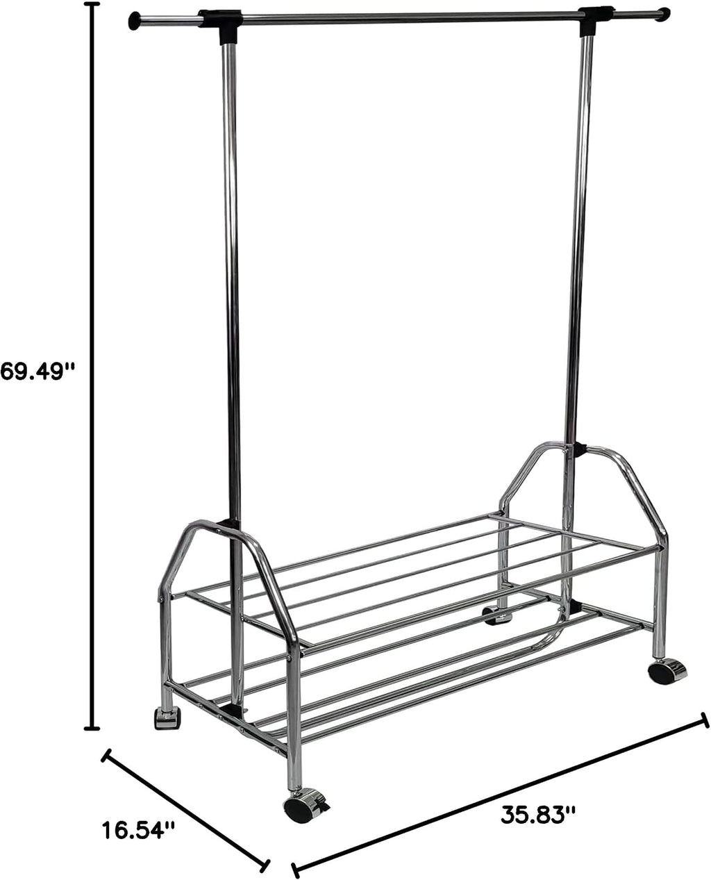 Chrome Metal Clothes Rack Extendable Bar Adjustable Garment Rail with Wheels Freestanding Wardrobe Storage Organizer for Bedroom Closet Silver